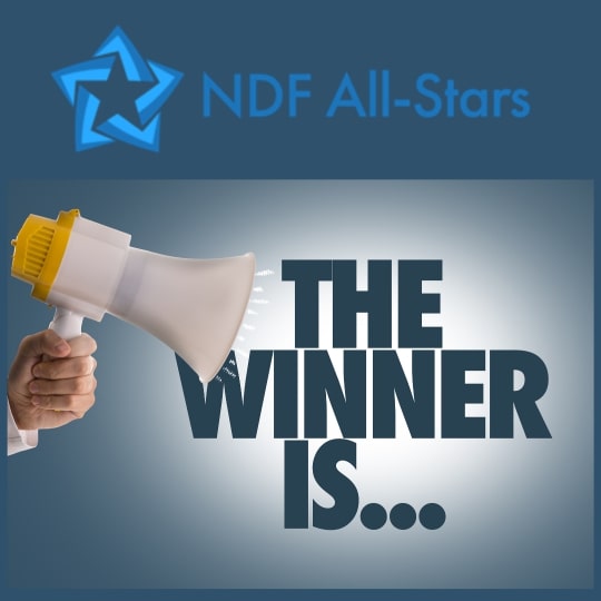 Image containing the NDF All-Stars logo and a megaphone with text "The Winner Is..."